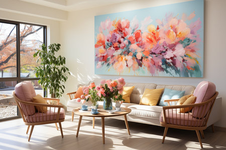 Interior of modern living room with sofa, armchairs and flowersの素材