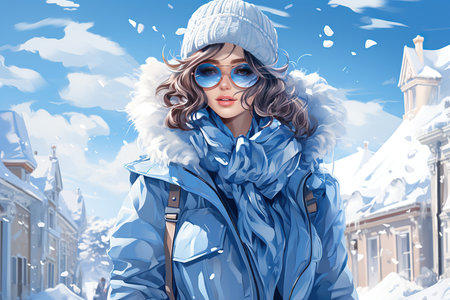 Winter fashion model. Portrait of a beautiful woman in a blue jacket and sunglasses on the background of winter city.の素材