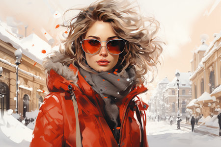 Beautiful woman in red coat and sunglasses on the street in winter.の素材