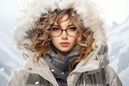 Winter fashion. Portrait of a beautiful young woman in a winter jacket and glasses.の素材