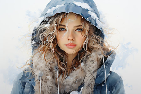 Winter fashion. Beautiful young woman in winter coat with snowflakesの素材