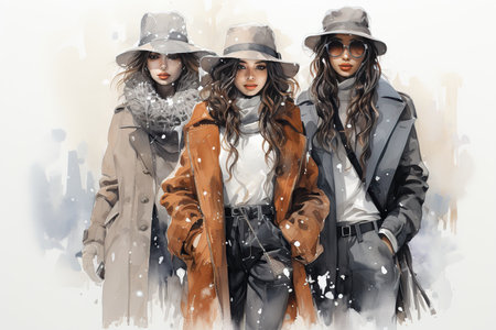 Fashion photo of three beautiful young women in hats and coats.の素材