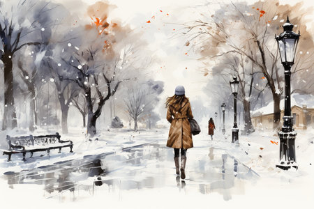 Young woman walking in the winter park. Digital watercolor painting.の素材