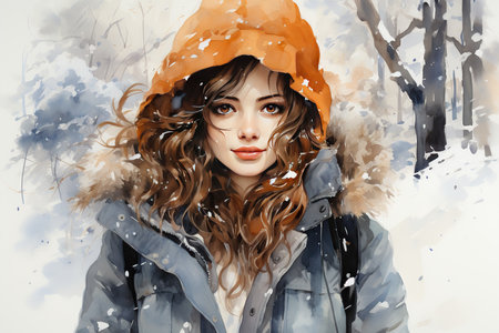 Winter portrait of a beautiful young woman in an orange hat and coatの素材