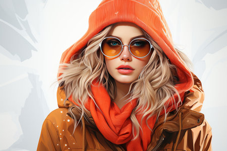 Portrait of a beautiful blonde woman in orange raincoat and sunglassesの素材