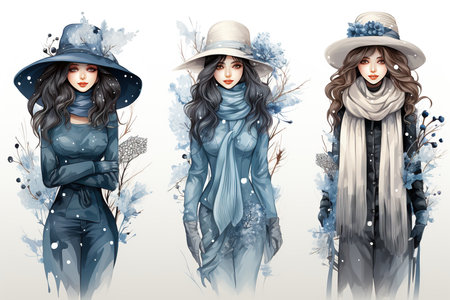 Winter woman in hat, scarf and coat. Vector fashion illustration.の素材