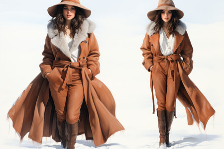 fashionable women in coats and hats walking on snow, winter holidaysの素材