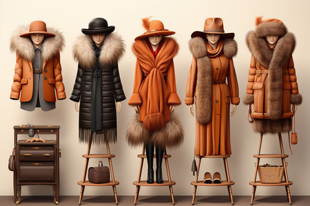 3d illustration of women in winter coats and hats in a shopの素材