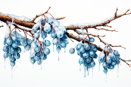 Frozen bunch of blue grapes on a branch. Watercolor illustration.の素材