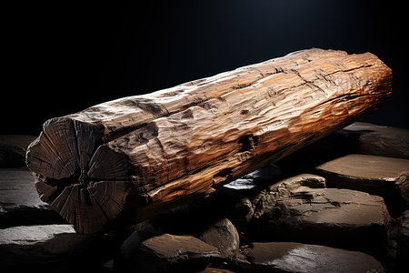 Wooden log on a black background with space for your text.の素材