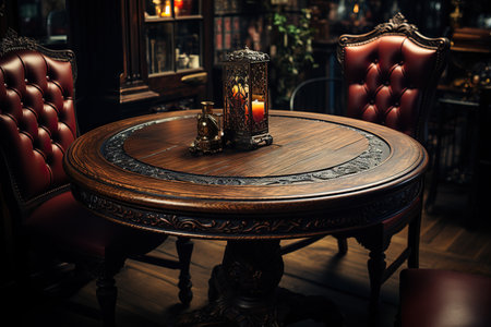 Vintage table with candles and chairs in a pub or restaurant.の素材