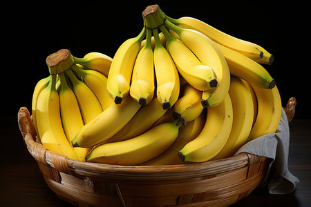 Bunch of bananas in a basket on a wooden table. Dark background.の素材