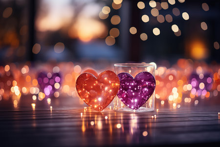 Two glass hearts on the background of bokeh. Valentine's day.の素材