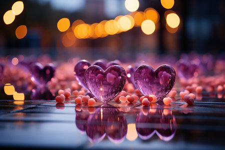 Valentine's day background with glass hearts and bokeh lightsの素材