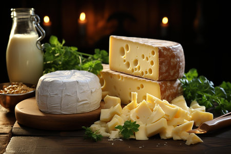 Different types of cheese on wooden table, closeup. Dairy productsの素材