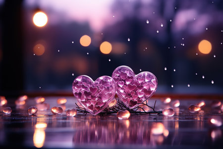 Valentine's day background with pink glass hearts and bokehの素材