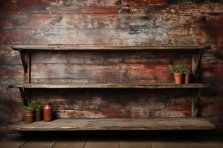 Wooden shelf with plant pot on grunge wooden wall background.の素材