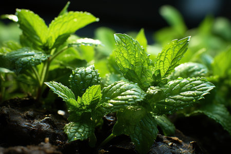 Fresh mint growing in the garden. Selective focus. Shallow depth of field.の素材