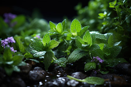 Fresh mint leaves with water drops on dark background. Selective focus.の素材