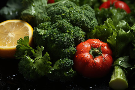 Fresh vegetables with water drops on black background. Healthy food concept.の素材
