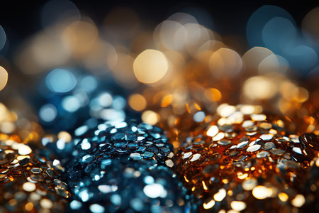 Golden, silver and blue glitter background with bokeh defocused lightsの素材