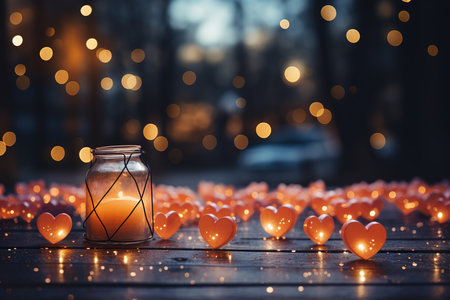 Valentine's day. Candles in the shape of a heart on a wooden background.の素材