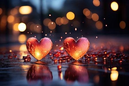Two red glass hearts on a dark background with bokeh lightsの素材