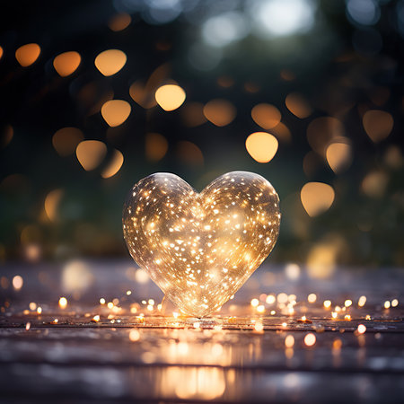Glowing heart on a wooden table with bokeh background.の素材