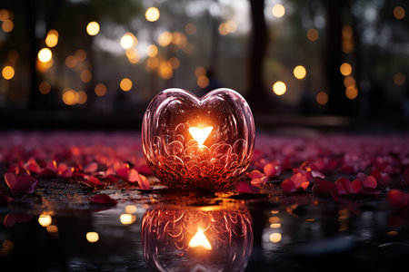 Candle in the shape of a heart on the water with bokeh backgroundの素材