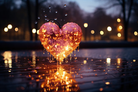 Heart shaped candle with drops of water and bokeh background.の素材