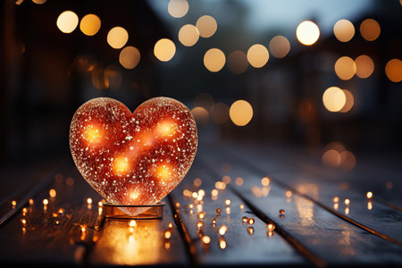 Heart shaped candle on the wooden table with bokeh background.の素材