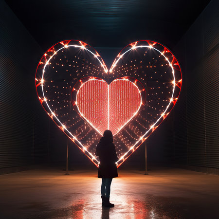 Woman looking at glowing heart. Love concept. 3D Renderingの素材