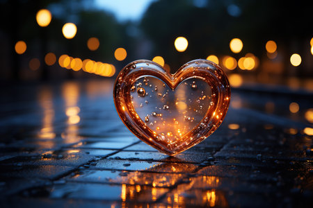 Heart shaped glass on wet pavement at night with bokeh lightsの素材