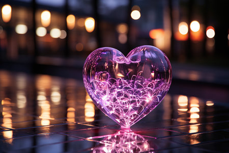 Heart shaped glass object on the background of a city street at nightの素材