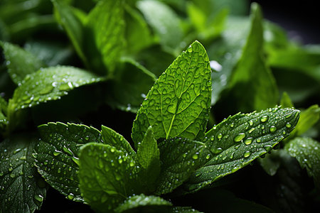 Fresh mint leaves with water drops on dark background, close-upの素材