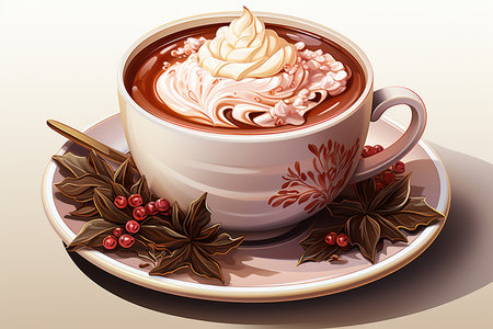 Illustration of a cup of hot chocolate with whipped cream and cinnamonの素材