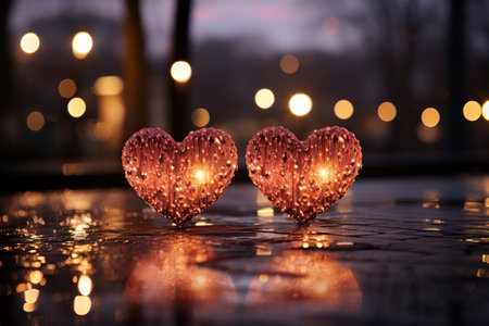 Valentine's day greeting card. Two heart-shaped candles in the rainの素材