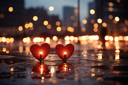 Valentine's day background with red heart shape candles in the cityの素材