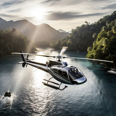 Helicopter flying over a tropical island. 3D Renderingの素材