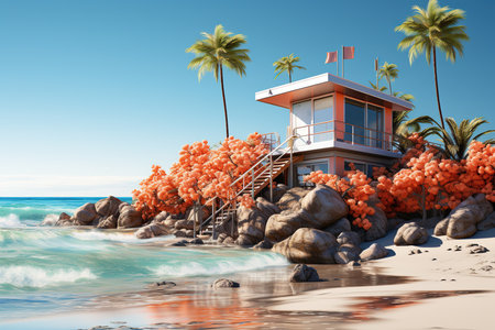 Tropical beach with palm trees and lifeguard tower. 3d renderの素材