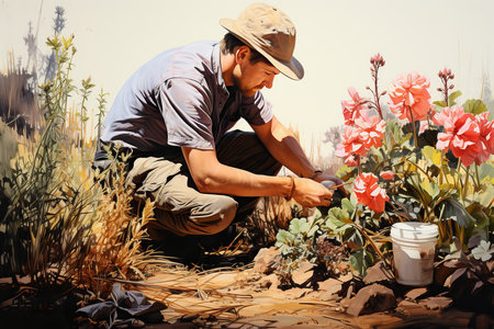 Gardener planting flowers in the garden. Photo in old color image styleの素材