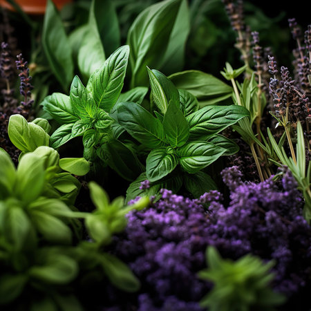 Variety of fresh herbs. Basil, oregano, thyme, oregano, parsley, rosemary, basil, lavenderの素材