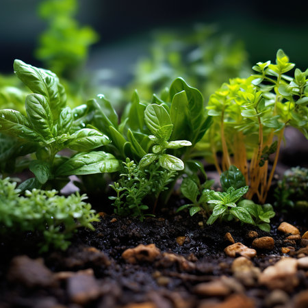 Close-up of fresh basil seedlings growing in soil. Selective focus.の素材
