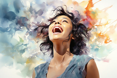 Portrait of a beautiful young woman with hair flying in the windの素材