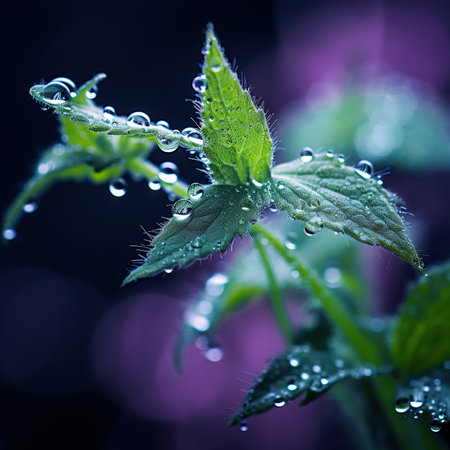 Water drops on green leaves. Nature background. Shallow depth of field.の素材