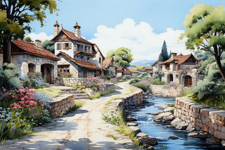 Fantasy landscape with old house in the village. Digital painting.の素材