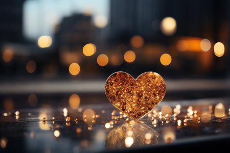 Valentines day background with golden heart and bokeh lightsの素材