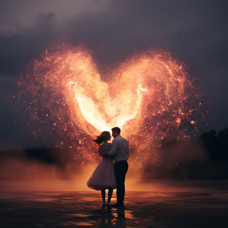 Wedding couple in love dancing in front of a heart shaped fireworkの素材