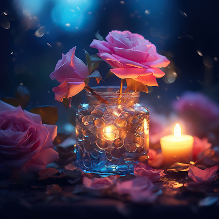 Candle and rose in a glass jar on a dark background.の素材