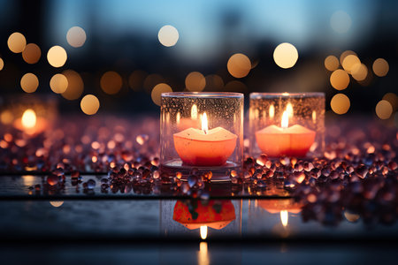 Burning candles on a dark background with bokeh effect.の素材